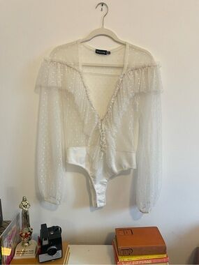 Sheer Ivory Ruffle Bodysuit by PRETTYLITTLETHING